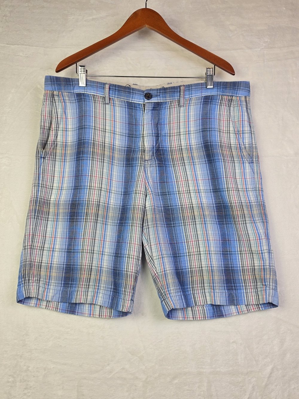 Tommy Bahama Linen Shorts Mens 36 Chino Blue Plaid Casual